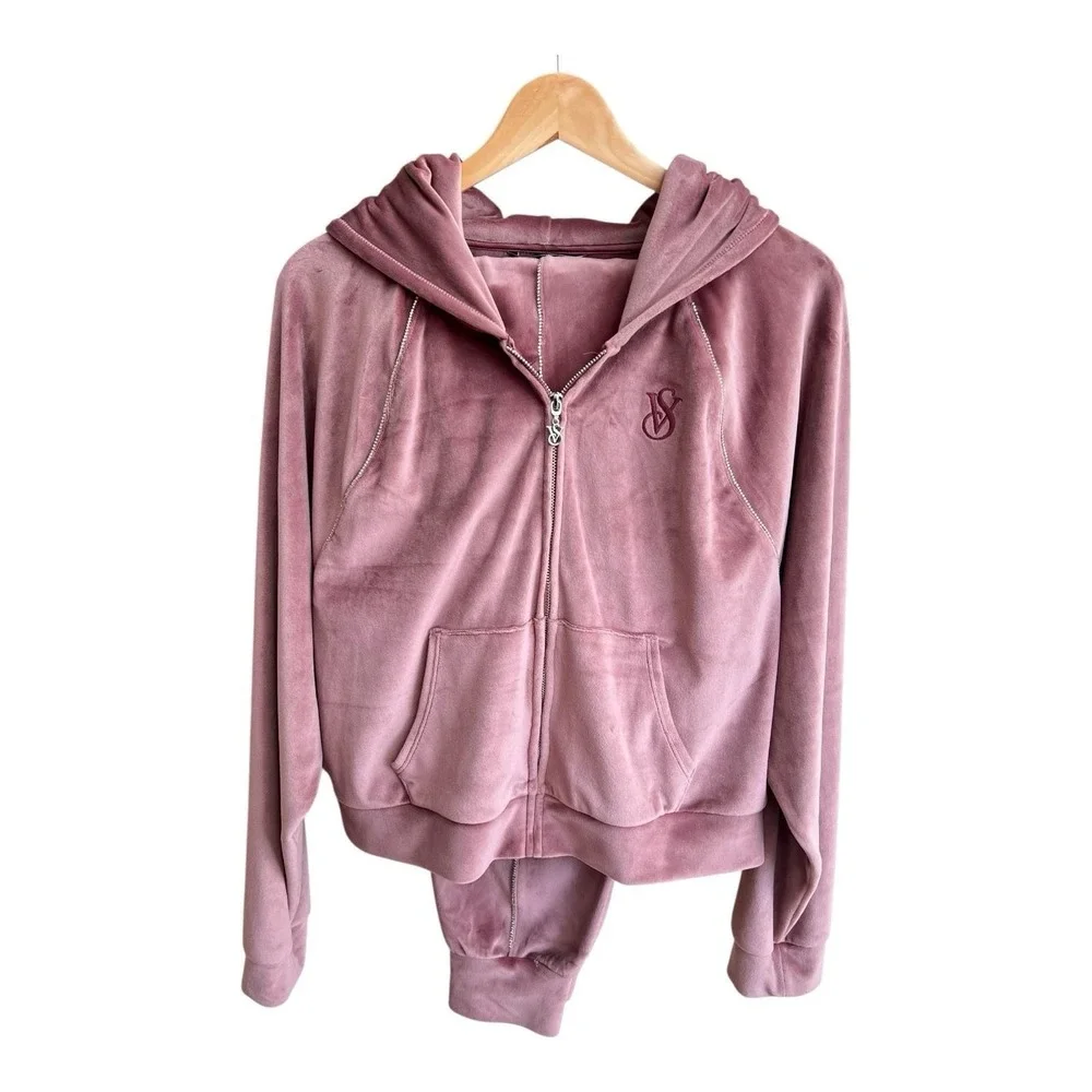 VICTORIA'S SECRET Track Suit Pink Velour Rhinestone Hoodie‎ Joggers Athleisure